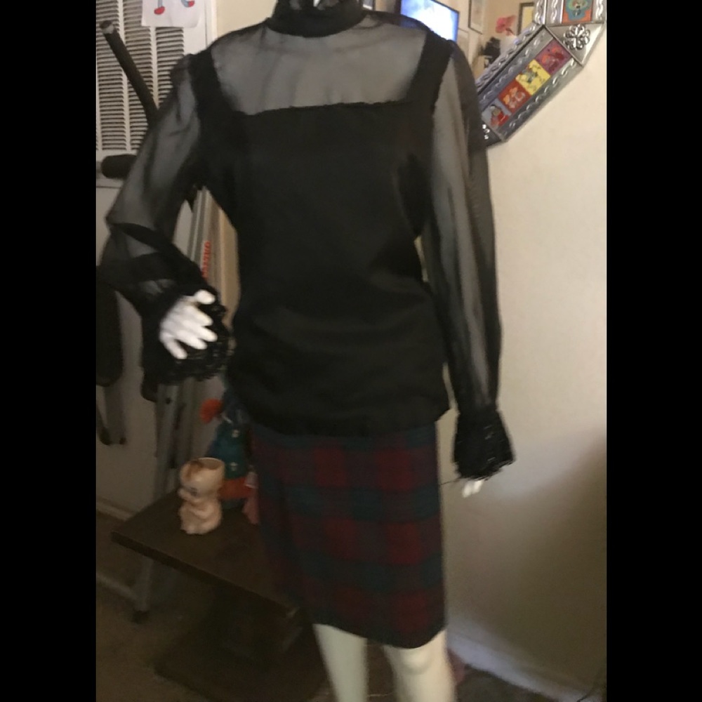 Vintage sheer top and tartan plaid pencil skirt